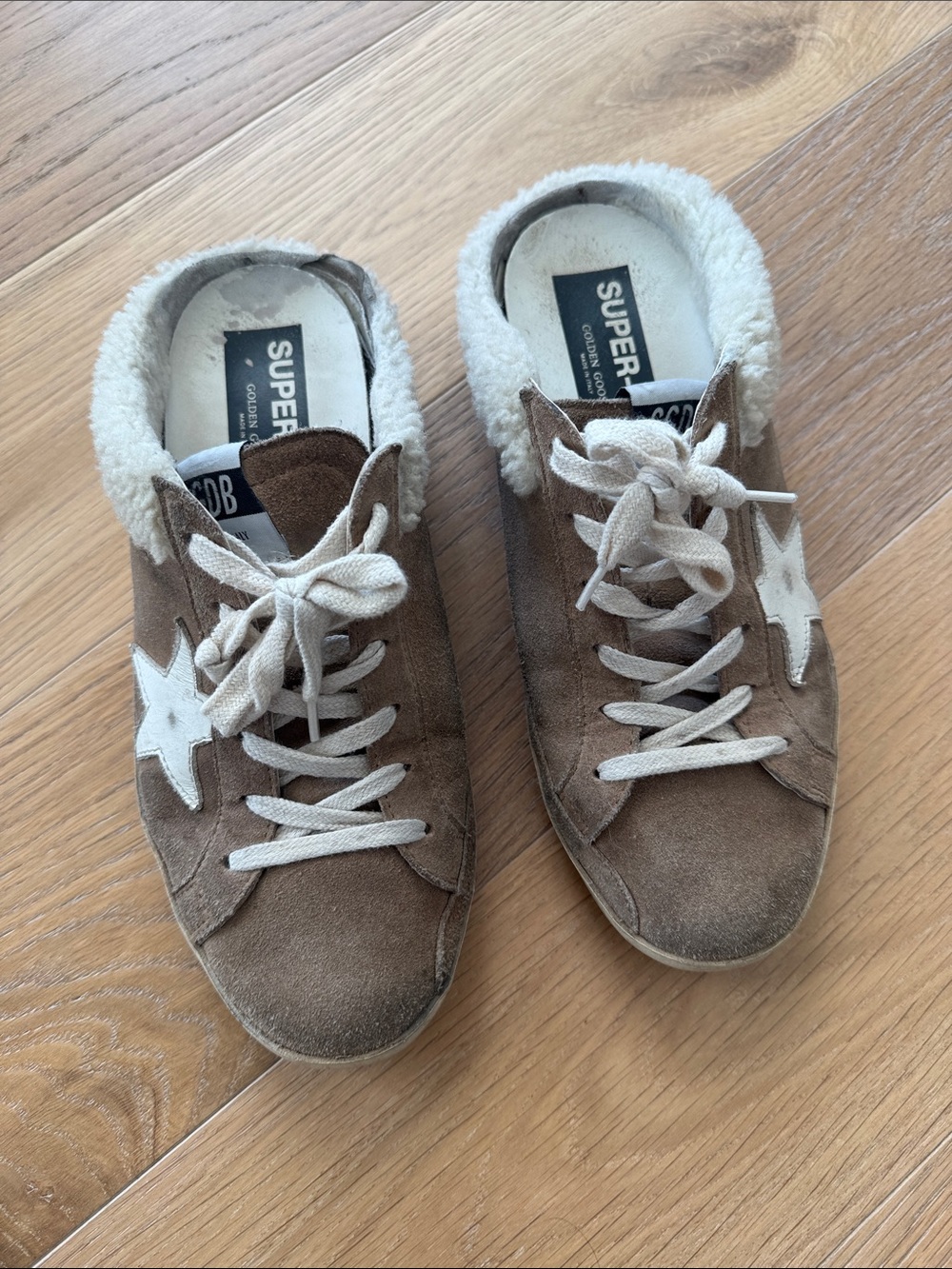 Golden Goose Women’s Brown Suede Star Sneakers with Shearling Trim